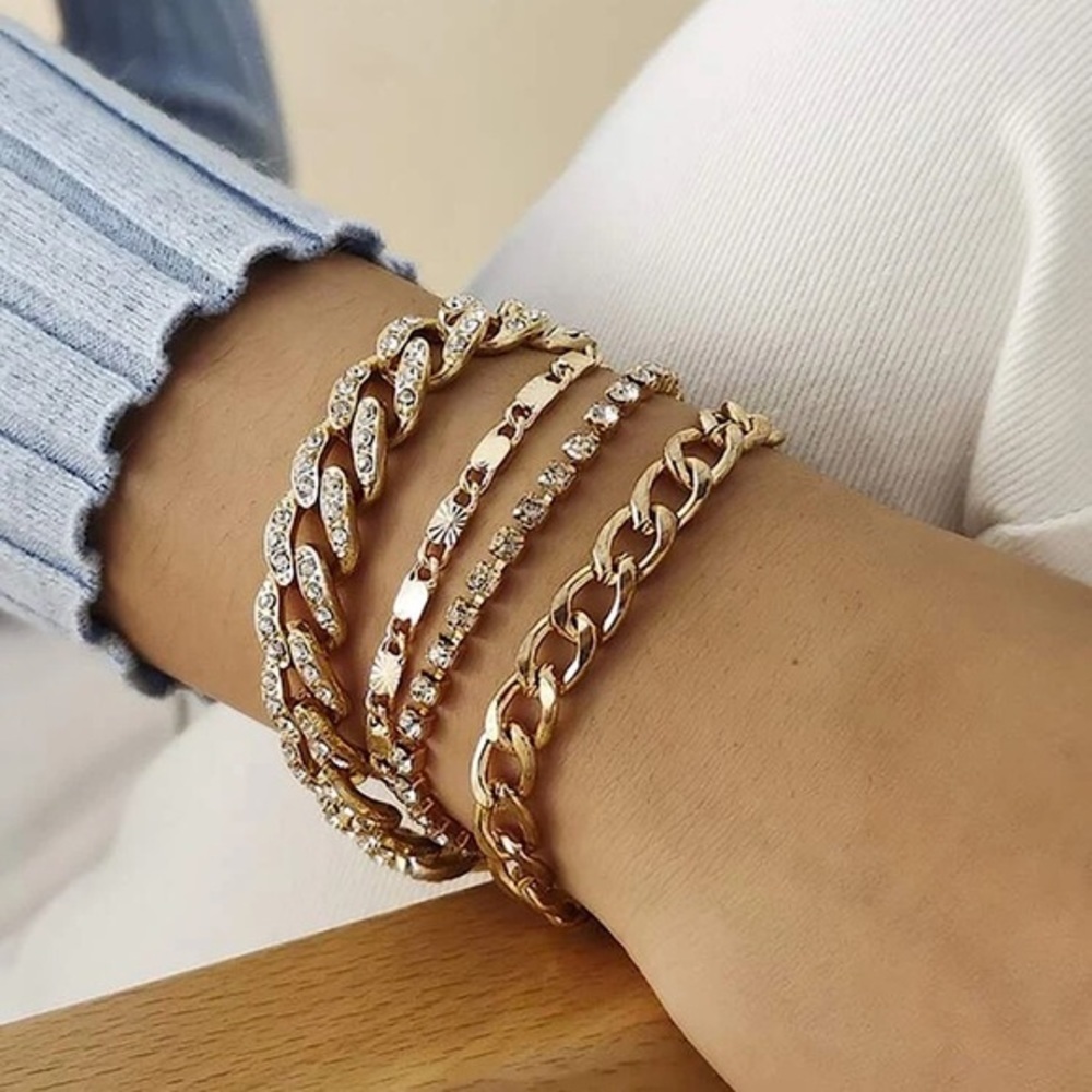 4 pcs Rhinestone Cuban Link Chain Bracelets - Picture 2 of 10